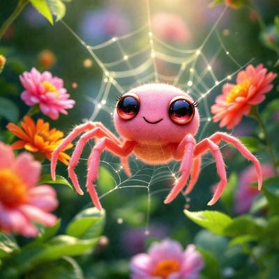 The primary subject of the image is a pink spider with big eyes, sitting on a web in a flower garden. The setting is a beautiful flower garden with various flowers, including pink flowers. The visual style is a combination of photo and digital art, creating a unique and eye-catching scene. The colors and mood of the image are predominantly pink, which adds a sense of warmth and happiness to the scene.
